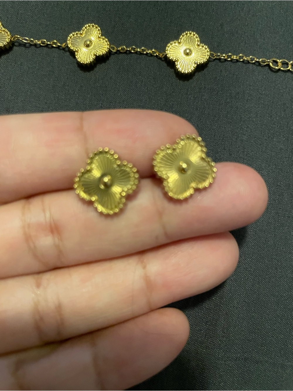 New - 18k gold plated, stainless steel clover bracelet w/earrings (set) inspired